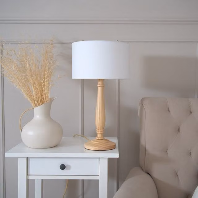 ValueLights Victoria Classic Wood Table Lamp with White Fabric Drum Shade