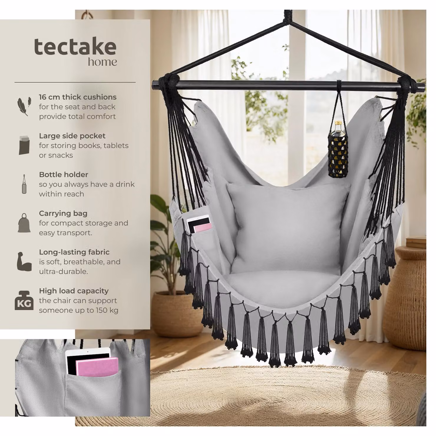 tectake Malika Boho Style Hanging Chair with Stand in Grey – 2