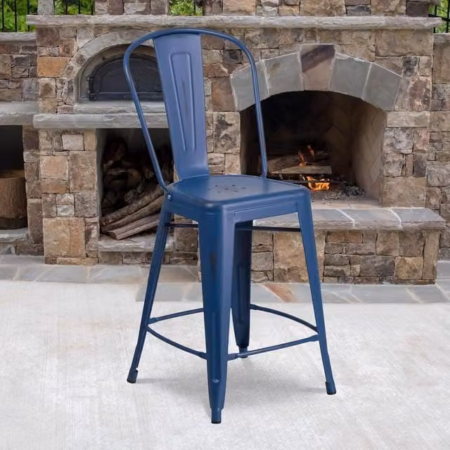 FWStyle Industrial Distressed Metal Counter High Stools in Antique Blue for Indoor and Outdoor Use
