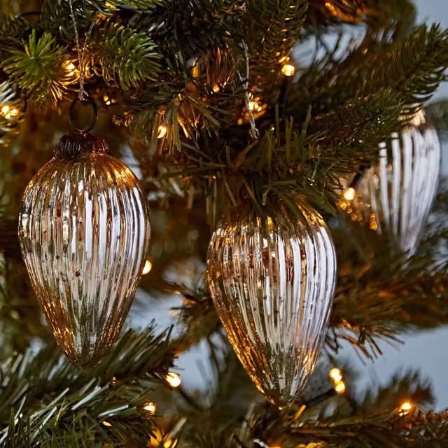 Paper High Set of 3 Silver Antique Effect Glass Teardrop Christmas Bauble Hanging Ornaments