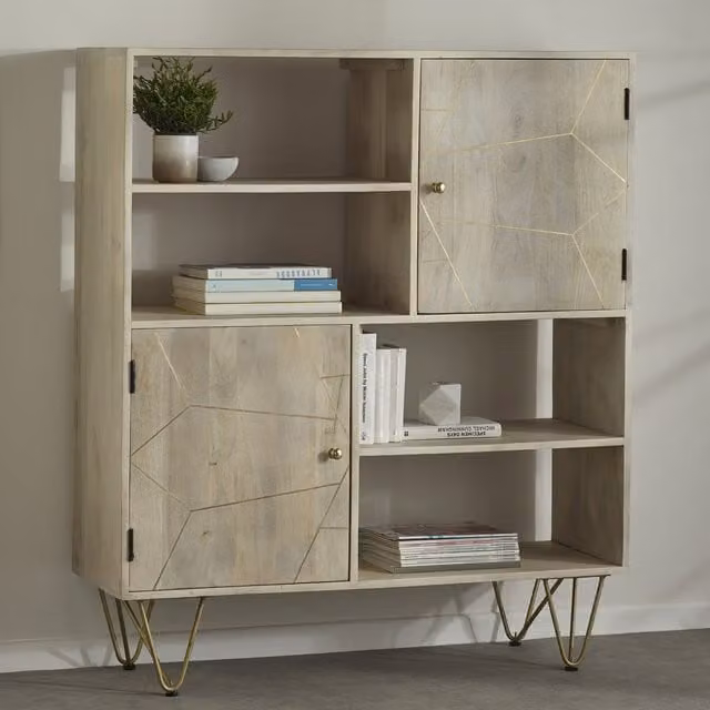 IH Design Dallas Modern Display Unit with Shelves and Cupboards in Light Mango Wood