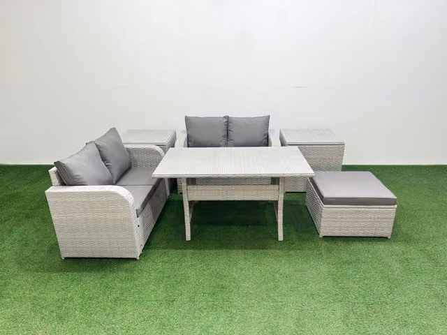 Fimous 5 Seater Rattan Garden Furniture Set in Light Grey with Rectangular Dining Table, Large Footstool and 2 Side Tables