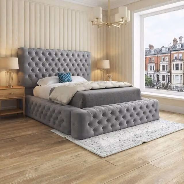 Casani Worcester Grey Pleated Upholstered Chesterfield Designer Bed Frame, W/D/H: 200 x 137 x 221 cm