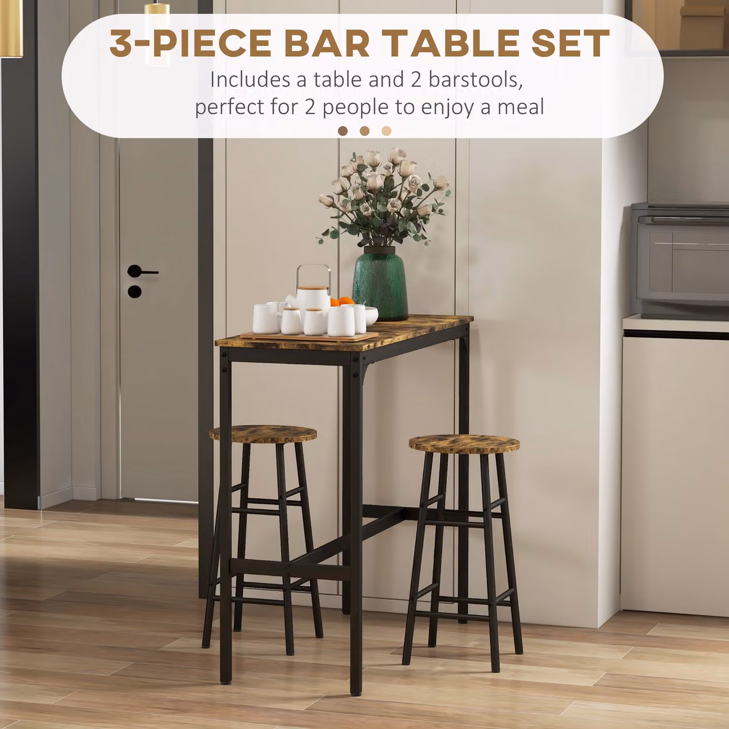 HOMCOM 3 Piece Industrial Bar Table and Stool Set in Oak and White – 4