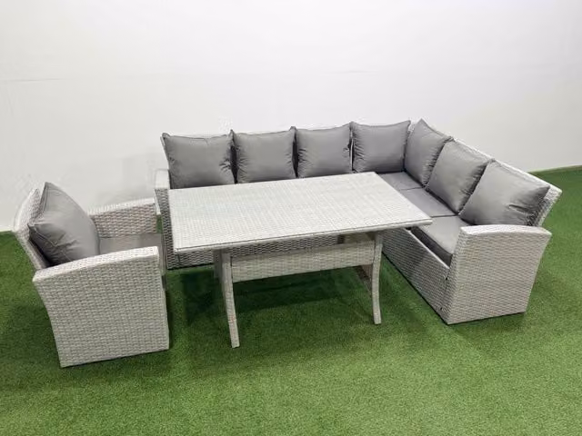 Fimous 7 Seater Rattan Garden Furniture Set with Corner Sofa and Dining Table in Light Grey