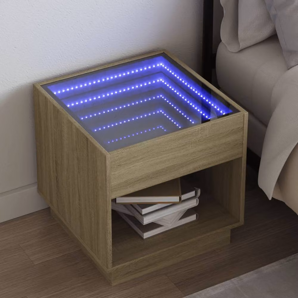 Berkfield Home Infinity LED Bedside Table in Sonoma Oak Brown with Mirror Top, W/D/H: 50 x 50 x 50 cm – 2