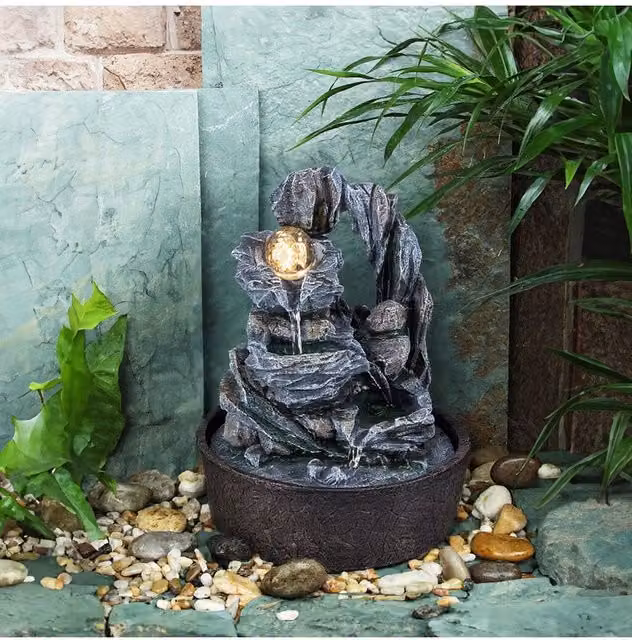 Living and Home Tabletop Waterfall Fountain with LED Lighting in Stone, Beige and Grey