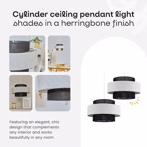 MiniSun Modern Cylinder Ceiling Light Shade in Black and Grey Fabric, Width: 30 cm – 2