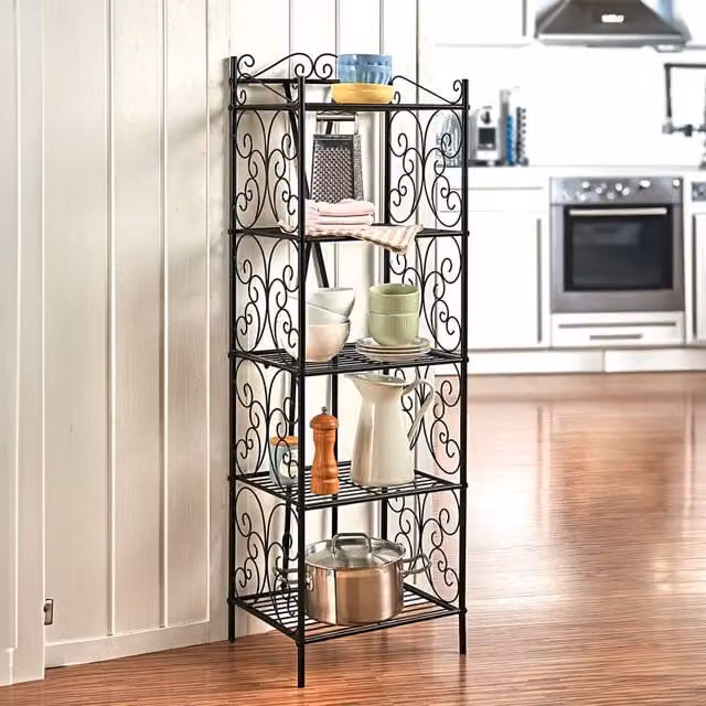 Eldo Freestanding Metal Kitchen Shelving Unit with 5 Shelves, Retro Scroll in Black, H 128.0 cm x W 38.0 cm x D 30.5 cm