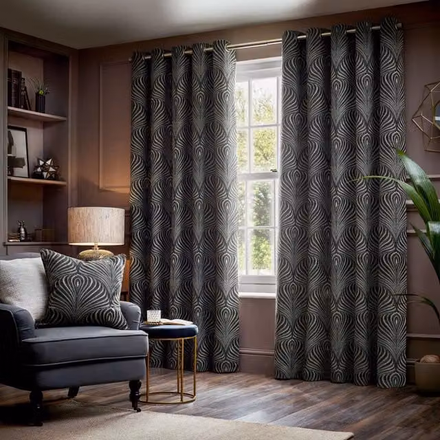 Paoletti Gatsby Art Deco Jacquard Eyelet Curtains in Black and Gold, Width: 229 cm, Drop: 229 cm – 1