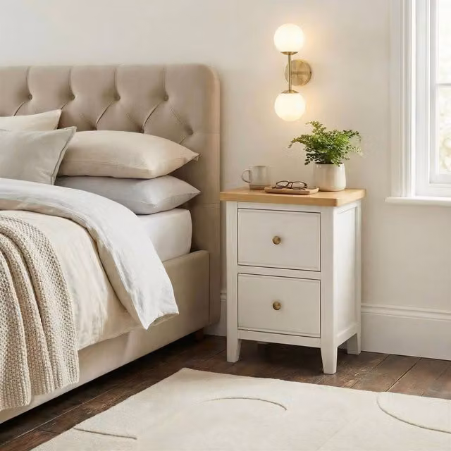 FurnitureboxUK Belle 2 Drawer Slim Bedside Table in Solid Oak and Cream – 1