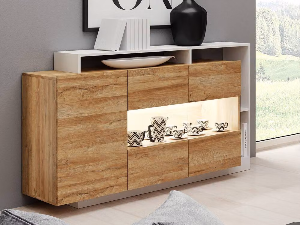 Vente-unique Modern 3-Door Sideboard with 3 Recesses and Integrated LED Lighting in Light Oak and White – 3
