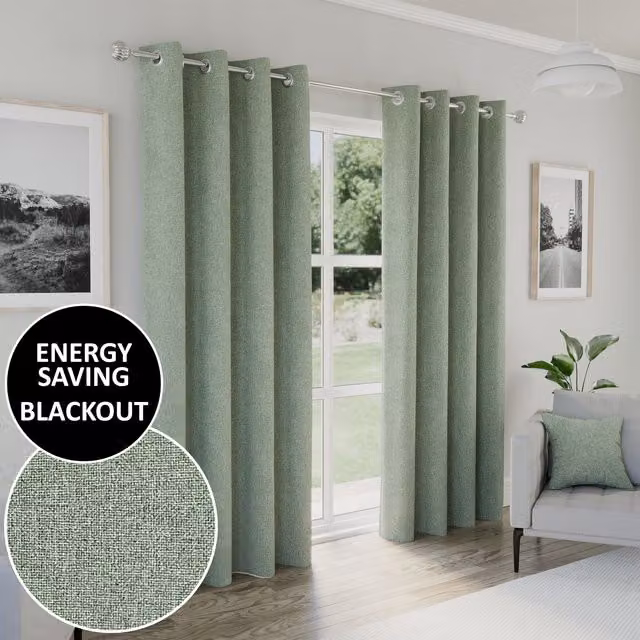 Enhanced Living Green Thermal Insulating Blackout Eyelet Curtains, Width: 137 cm, Drop: 117 cm