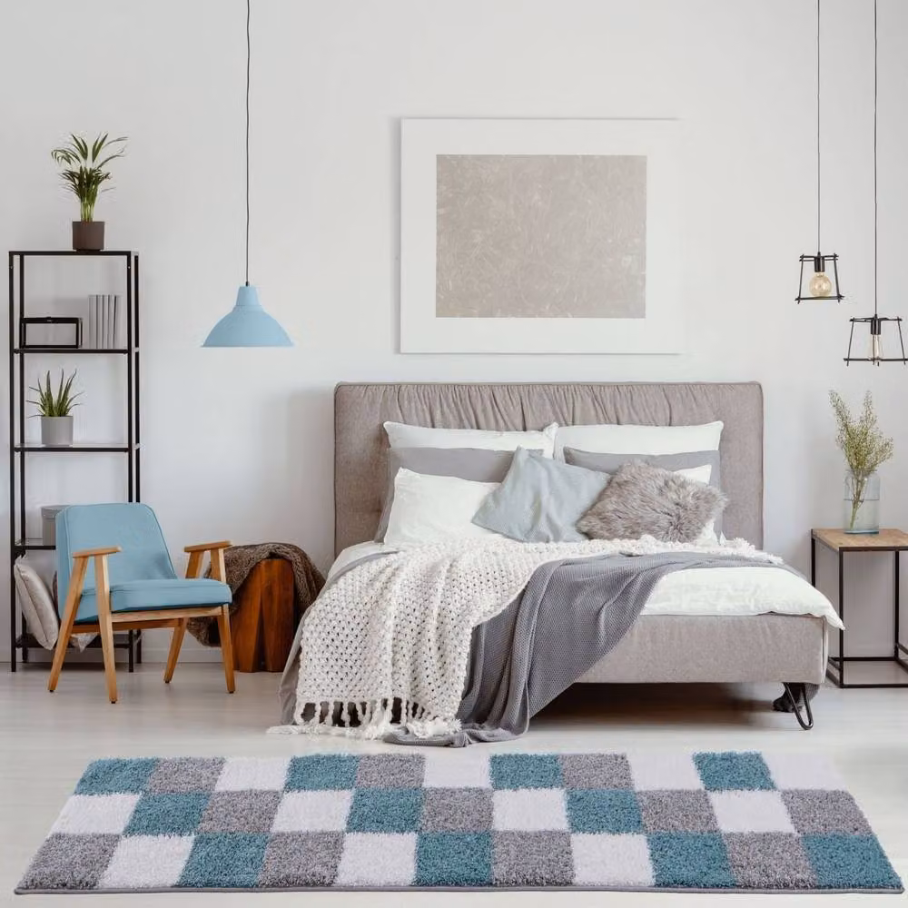 THE RUGS Soft Check High Pile Shaggy Square Rug in Duck Egg Blue, W/D: 120 x 120 cm – 6