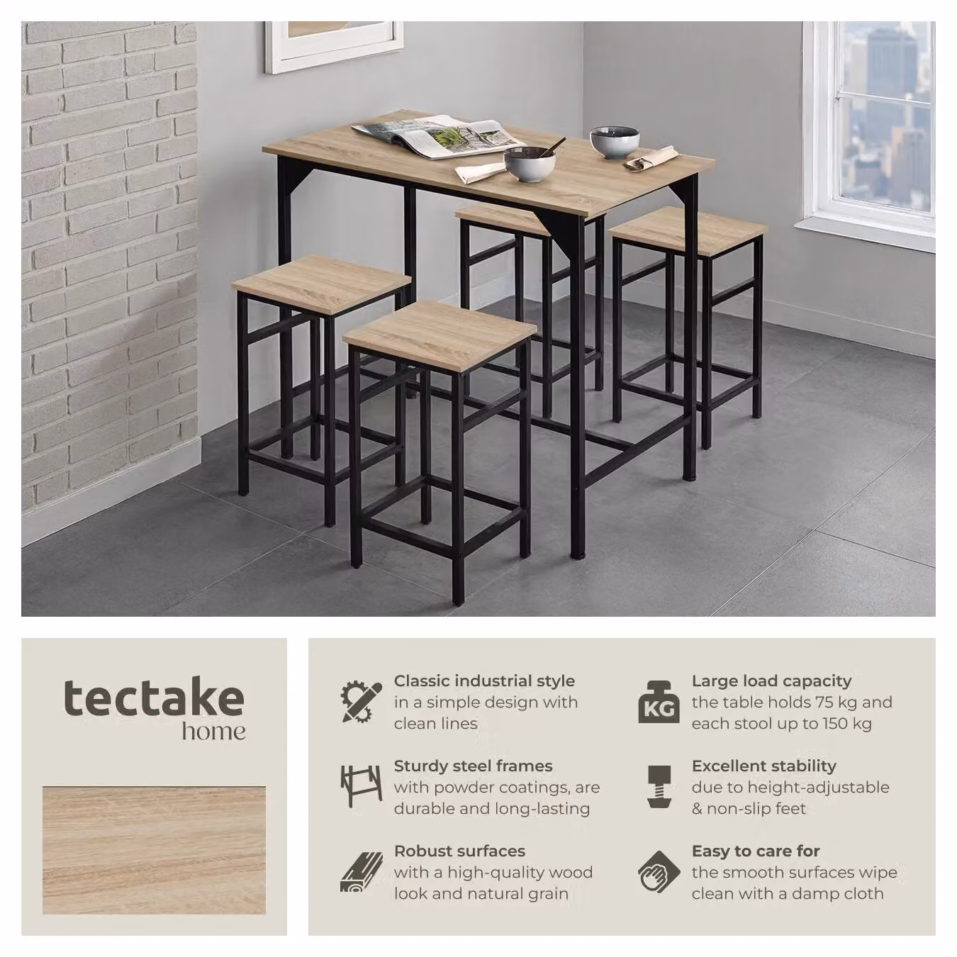 tectake Edinburgh Dining Table and 4 Bar Stools Set in Light Oak – 2