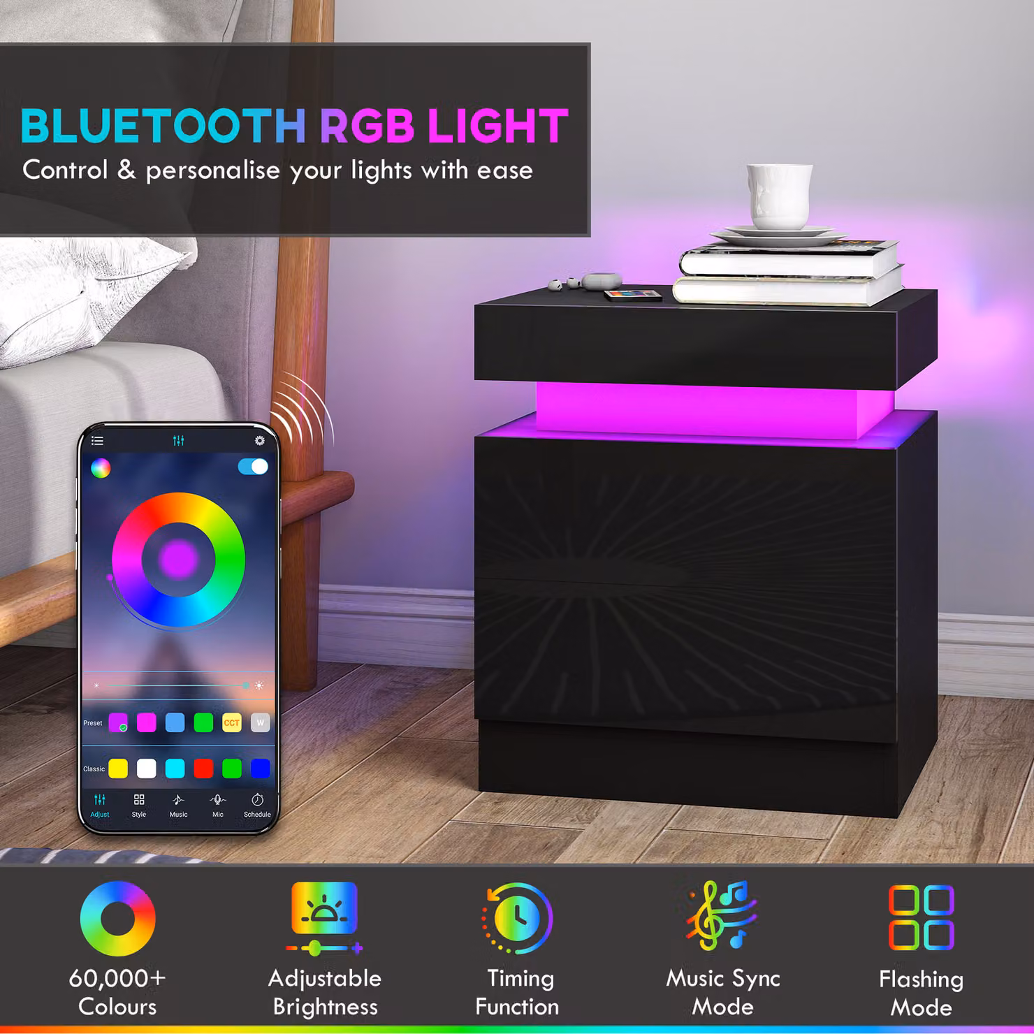 HOMCOM Set of 2 Black High Gloss Bedside Tables with Integrated LED Light and 2 Drawers – 4