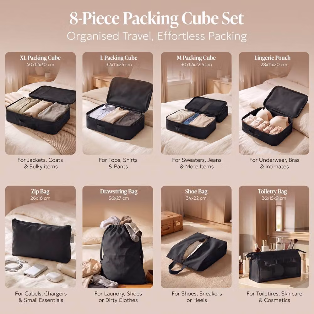 Lugg 8 Set Compression Packing Cubes Suitcase Organiser Set in Black – 9