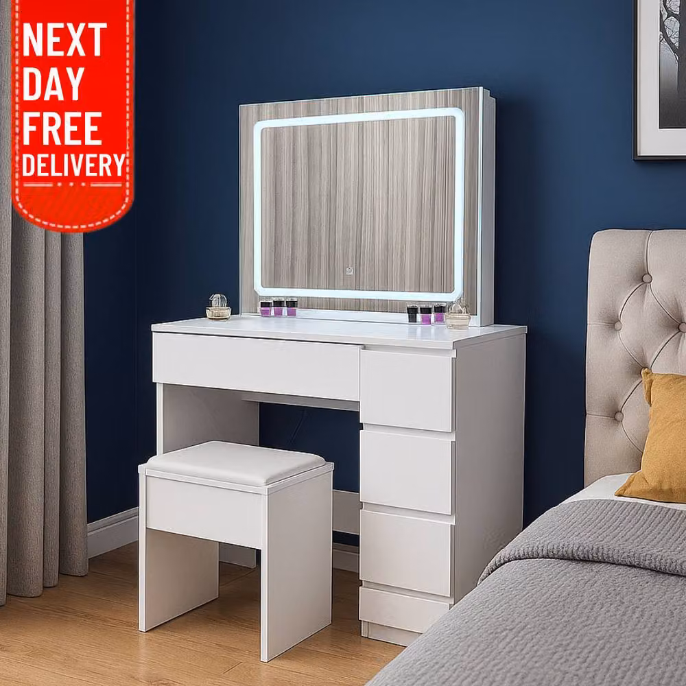 KOSY KOALA Modern Dressing Table with LED Mirror and Stool in White – 3