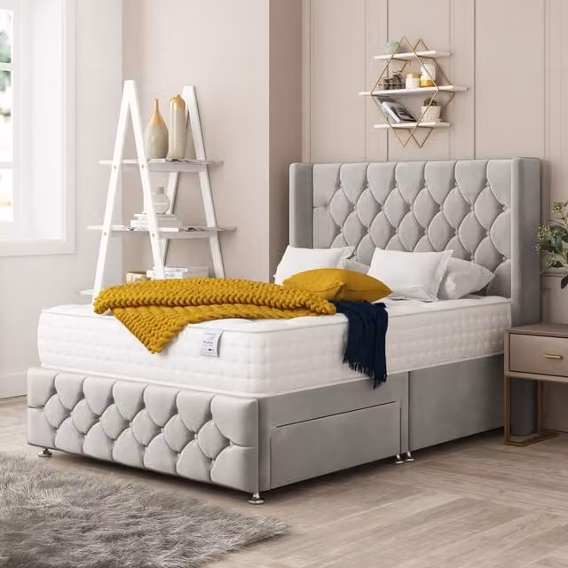 Bed Choices Elena Silver Upholstered Velvet Divan Bed with 2 Drawers, Mattress and 26 inch Headboard, W/D/H: 120 x 200 x 66 cm