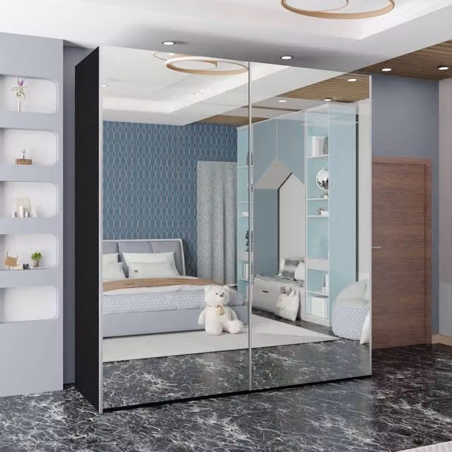 Sliding Wardrobes 4U Modern Mirrored Sliding Door Wardrobe with Internal Shelves and Hanging Rod, Black, W: 150 cm, H: 217 cm
