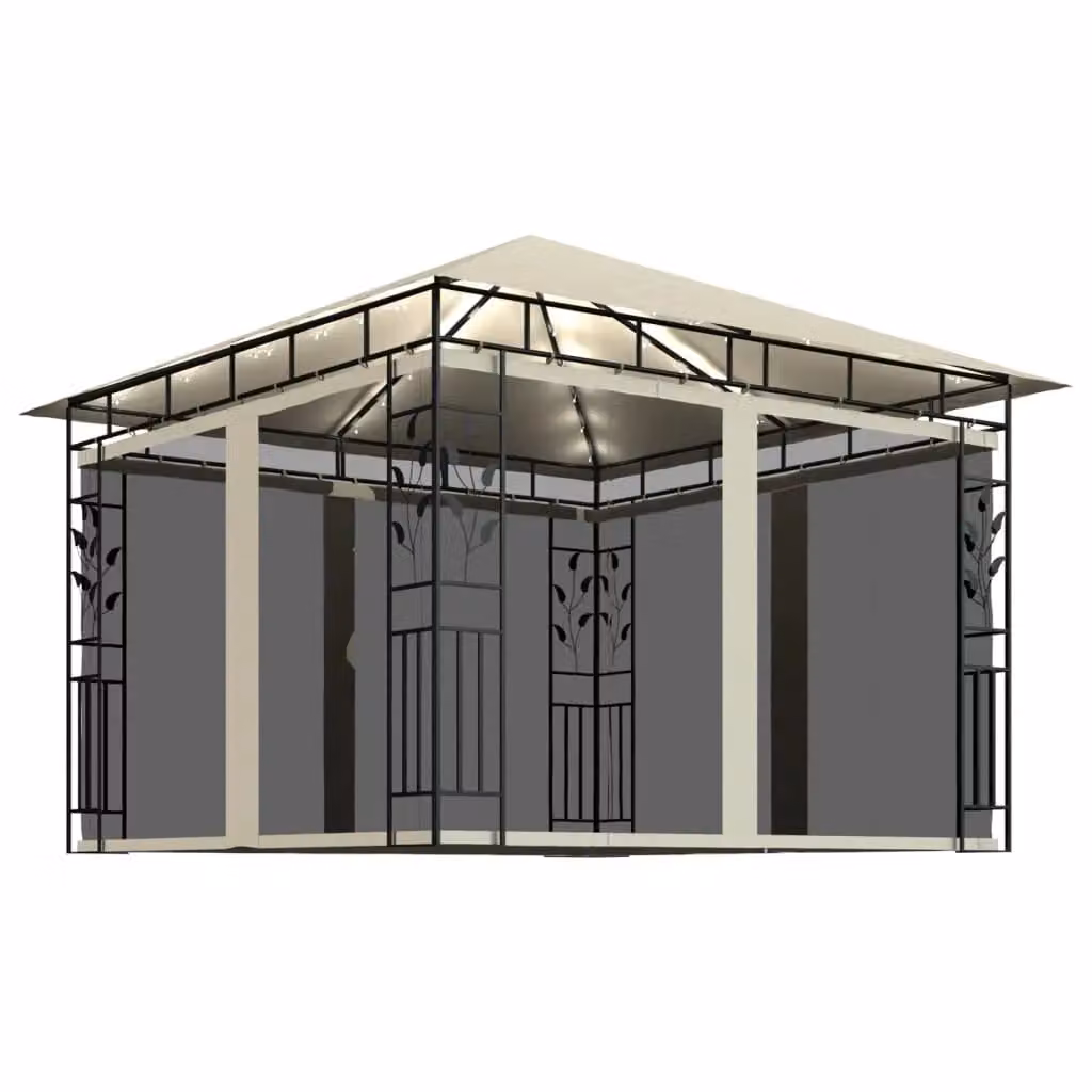 Berkfield Home Gazebo with Mosquito Net and LED String Lights, Beige, W: 300 cm, D: 300 cm, H: 273 cm – 2