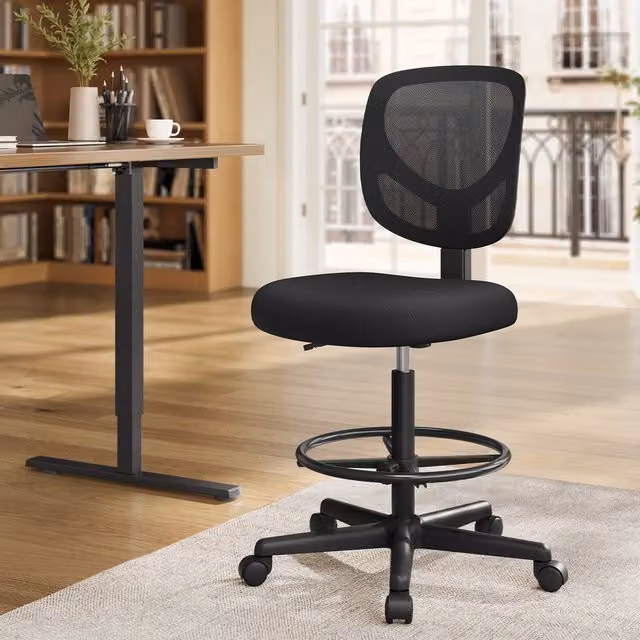SONGMICS Ergonomic Drafting Stool Chair in Black with Adjustable Height, 360 Degree Swivel and Castors