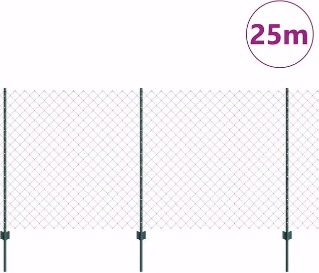 Berkfield Home Green Steel Chain Link Fence with 22 U-Profile Posts, W: 25 m, H: 1.2 m