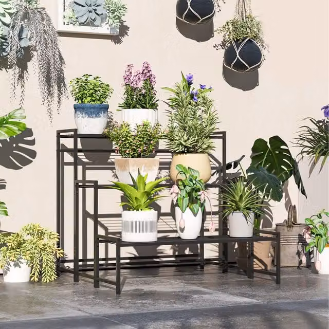 Outsunny 3-Tier Matt Black Metal Ladder Plant Stand for Garden and Balcony