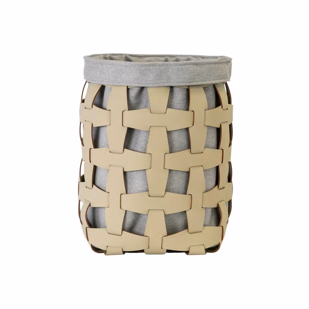 Angel Cerda Round Leather and Textile Tabletop Storage Basket in Sand and Grey – 2