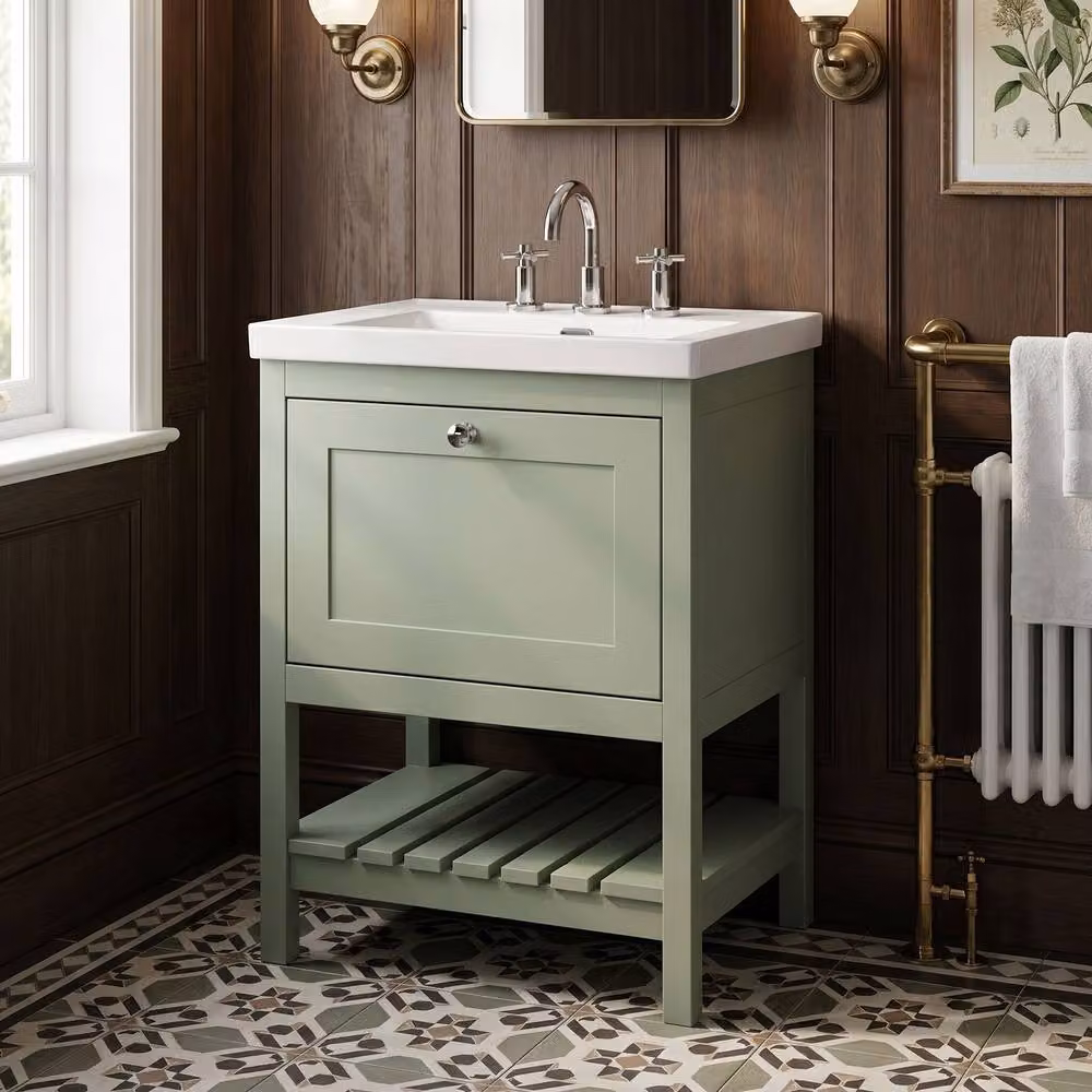 Balterley Modern Green Freestanding Bathroom Vanity Unit with Basin and Open Shelf, W/D/H: 61.3 x 46.2 x 84.5 cm – 3