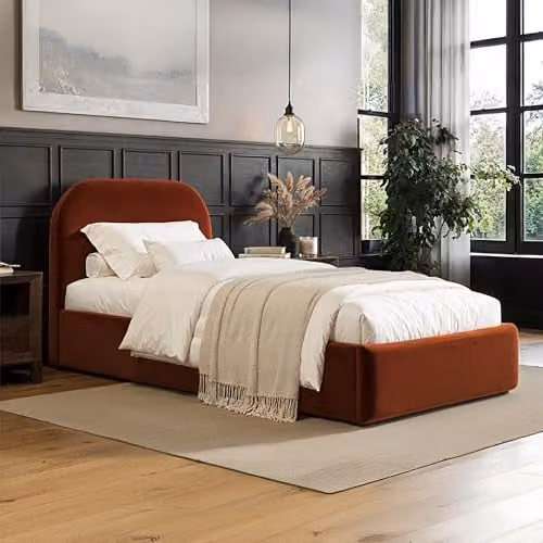 Flair Furnishings Alba Single Ottoman Bed Frame with Storage and Curved Headboard in Orange Velvet, W/D/H: 90 x 190 x 105 cm – 1