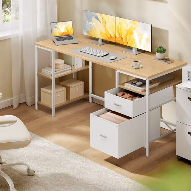 VASAGLE Modern Computer Desk with 3 Shelves and 2 Drawers in Yellow and White