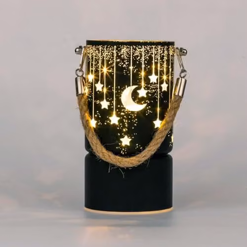 Shatchi Black and Gold Christmas Decorated Etched Glass Lantern Vase with LED Fairy Lights, Height: 17 cm
