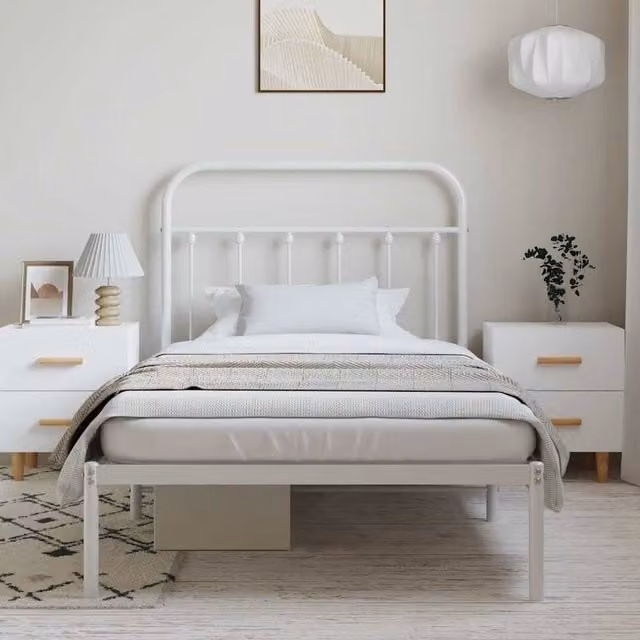 Berkfield Home Metal Bed Frame with Headboard in White W/D/H: 100 x 190 x 105 cm – 1