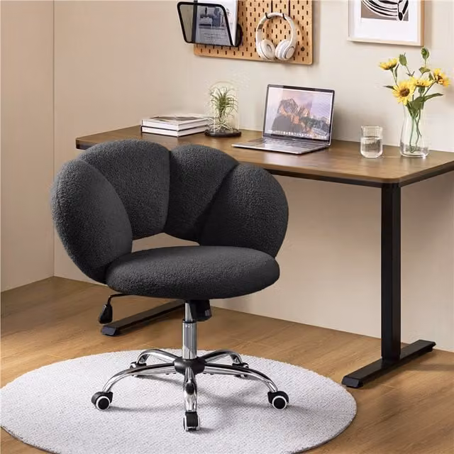Yaheetech Modern Black Bouclé Fabric Swivel Task Chair for Home Office or Bedroom