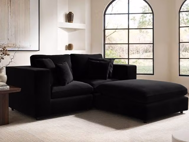 Solace+Co Asher 3 Seater L-Shape Sofa with Matching Ottoman and Scatter Cushions in Black Velvet