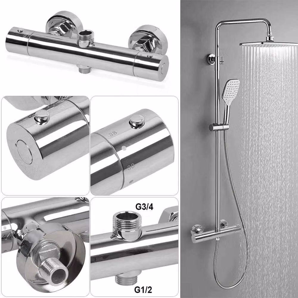 NESTLUNE Dual Outlet Thermostatic Round Shower Bar Mixer in Silver and Chrome, H: 52 cm – 2