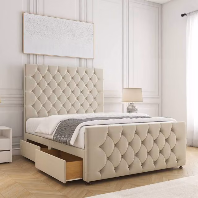 BSSPOKE Maya Plush Velvet Divan Bed with 54 inch Headboard and 2 Same Side Drawers, Beige, W/D/H: 200 x 162.56 x 30.48 cm