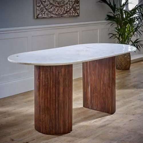 Indian Hub Opal Rectangular Dining Table with White Marble Top and Mango Wood Base, W: 170 cm, D: 85 cm, H: 76 cm – 5