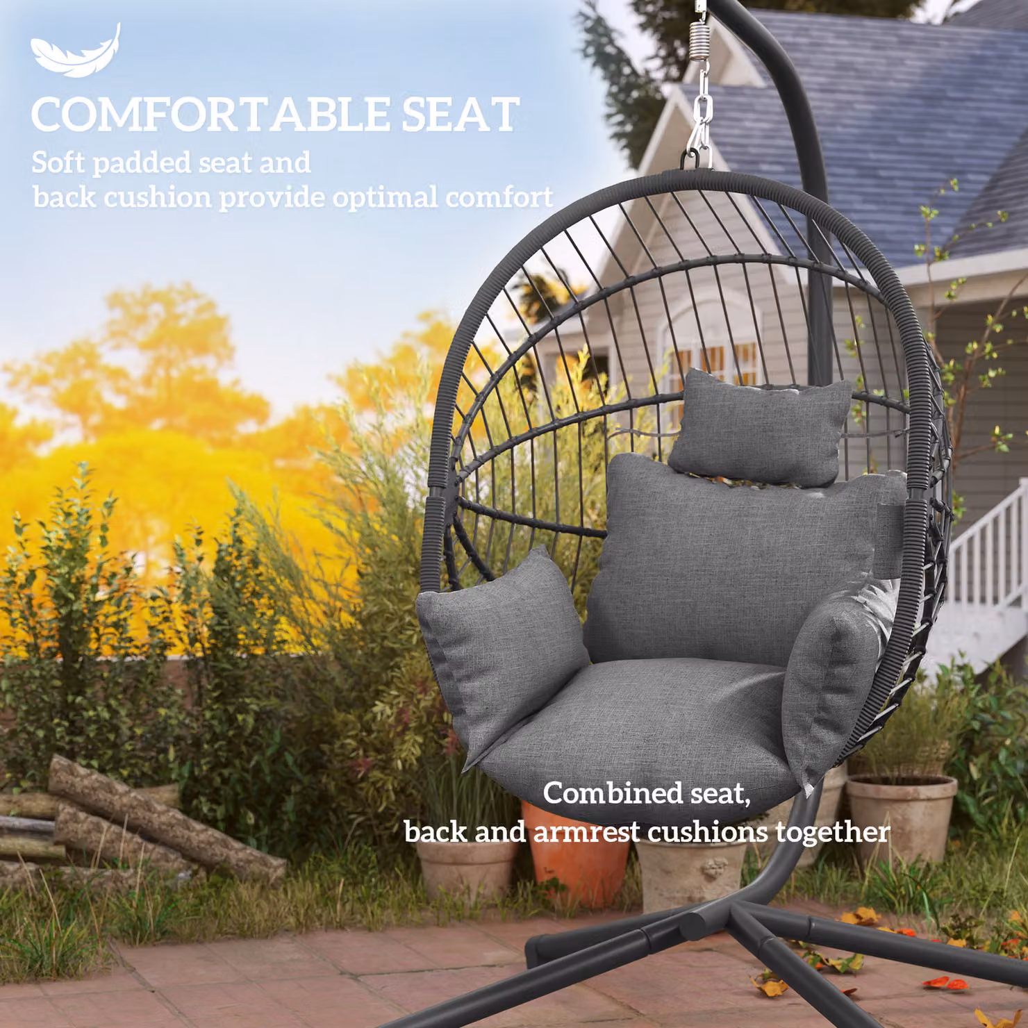 Outsunny Grey Outdoor Egg Swing Chair with Metal Stand and Padded Cushions – 6