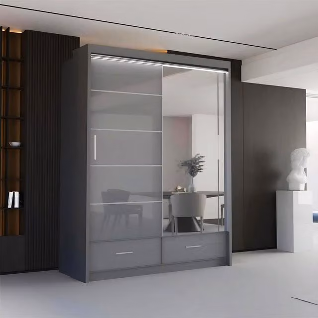 Sliding Wardrobes 4U Luxury High Gloss Sliding Wardrobe with LED Lighting, Grey, W: 150 cm, H: 220 cm