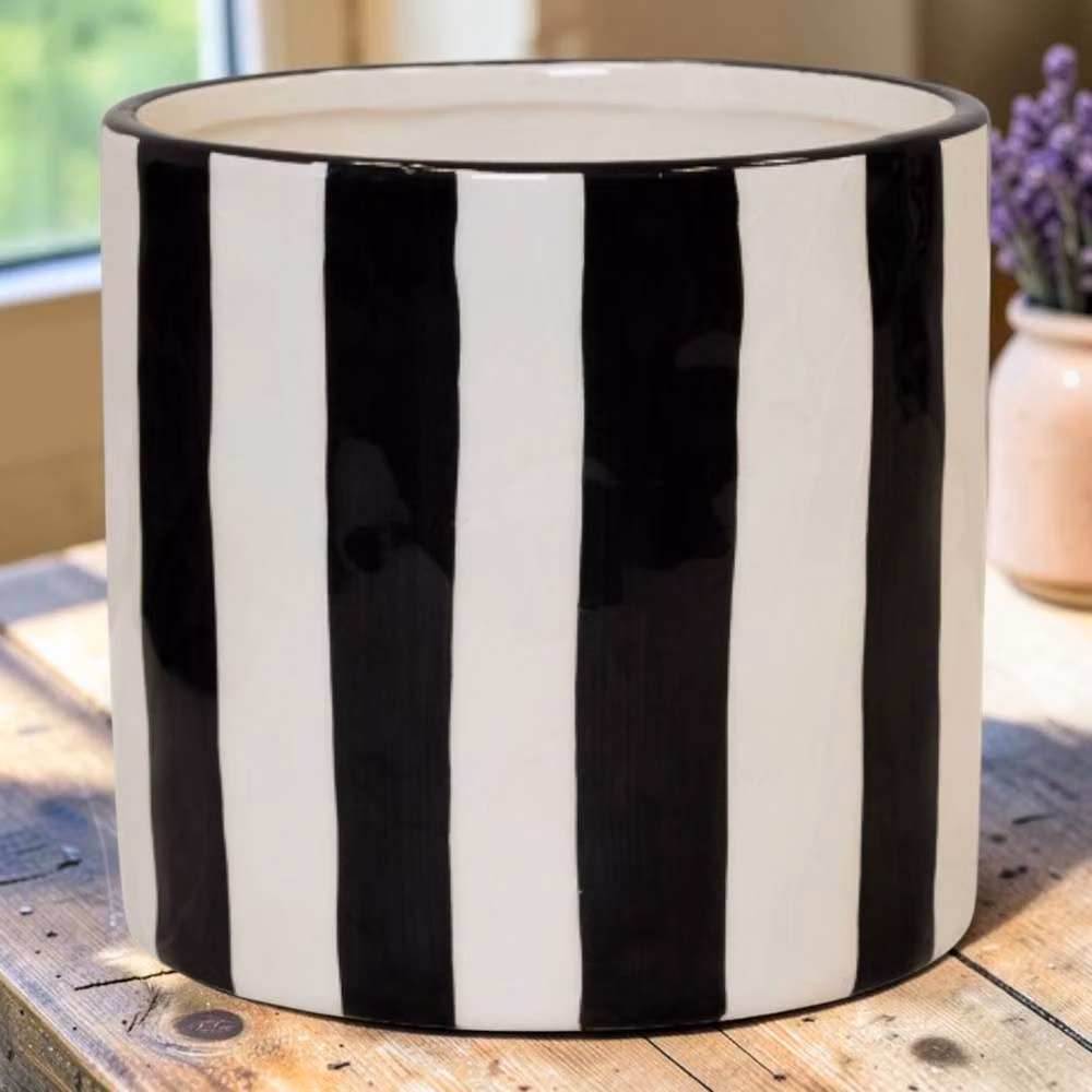 Four Candle Black and White Striped Ceramic Plant Pot with Gloss Finish, Diameter: 17 cm – 2