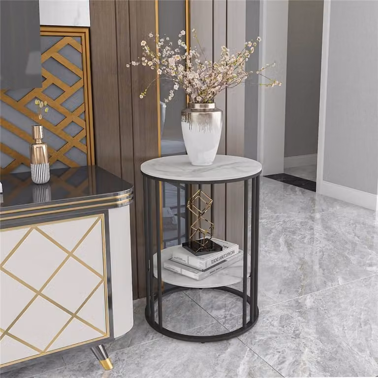 FLAVORA Black and White Round Modern Coffee Table with Glossy Ceramic Top