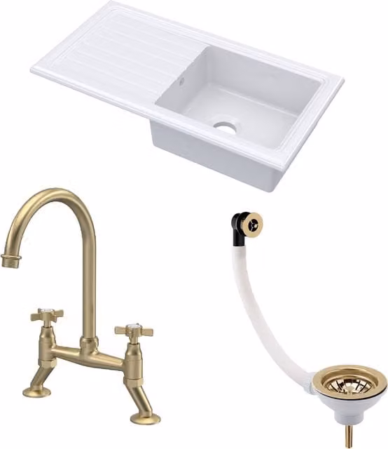 Balterley White Ceramic Kitchen Sink with Drainer and Bridge Crosshead Mixer Tap in Brushed Brass, W: 101 cm – 1