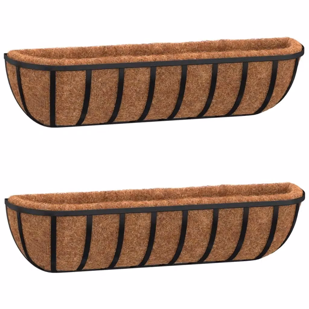 Berkfield Home Steel Wall Trough Planters with Coco Liners, Black, 2 Pack, W/D/H: 76 x 21 x 16 cm – 2