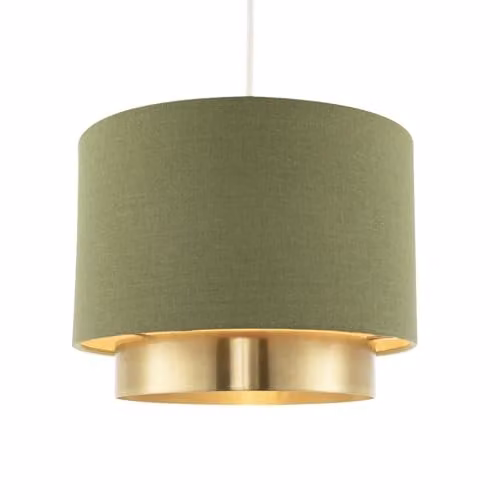 Happy Homewares Green Linen Fabric Cylinder Pendant Lamp Shade with Gold Metal Ring, W/D/H: 20 x 20 x 25 cm