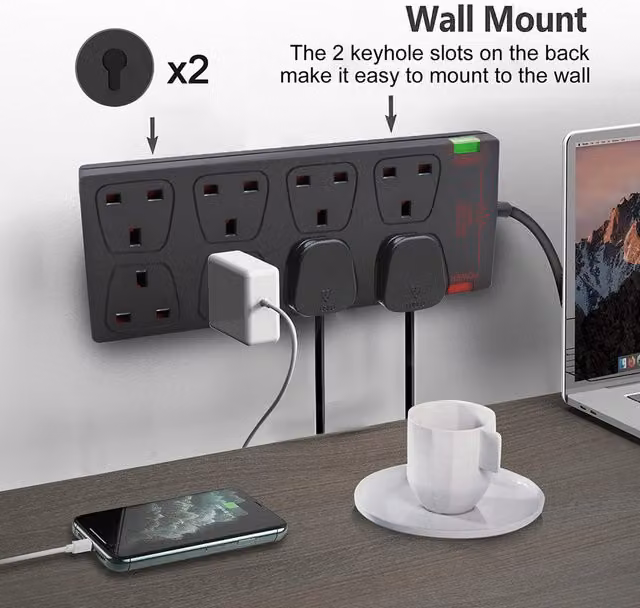 Livingandhome 8 Way Socket with Cable, Power Indicator and Child-Resistant Sockets, Black
