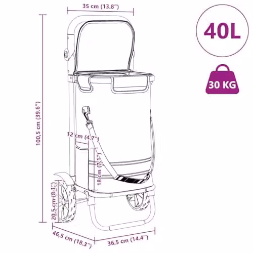 vidaXL Shopping Trolley in Black with Oxford Fabric, W/D/H: 36.5 x 46.5 x 100.5 cm – 3