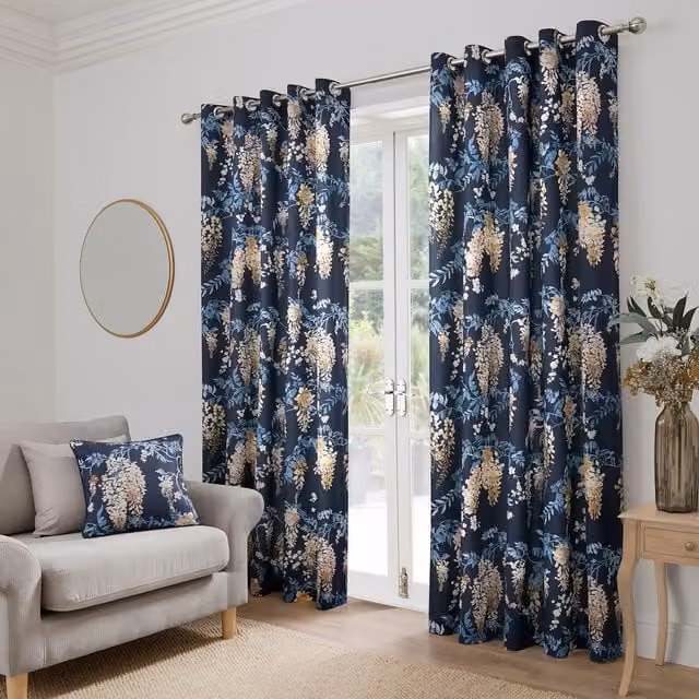 Dreams & Drapes Wisteria Navy Blue Floral Cotton Eyelet Curtains