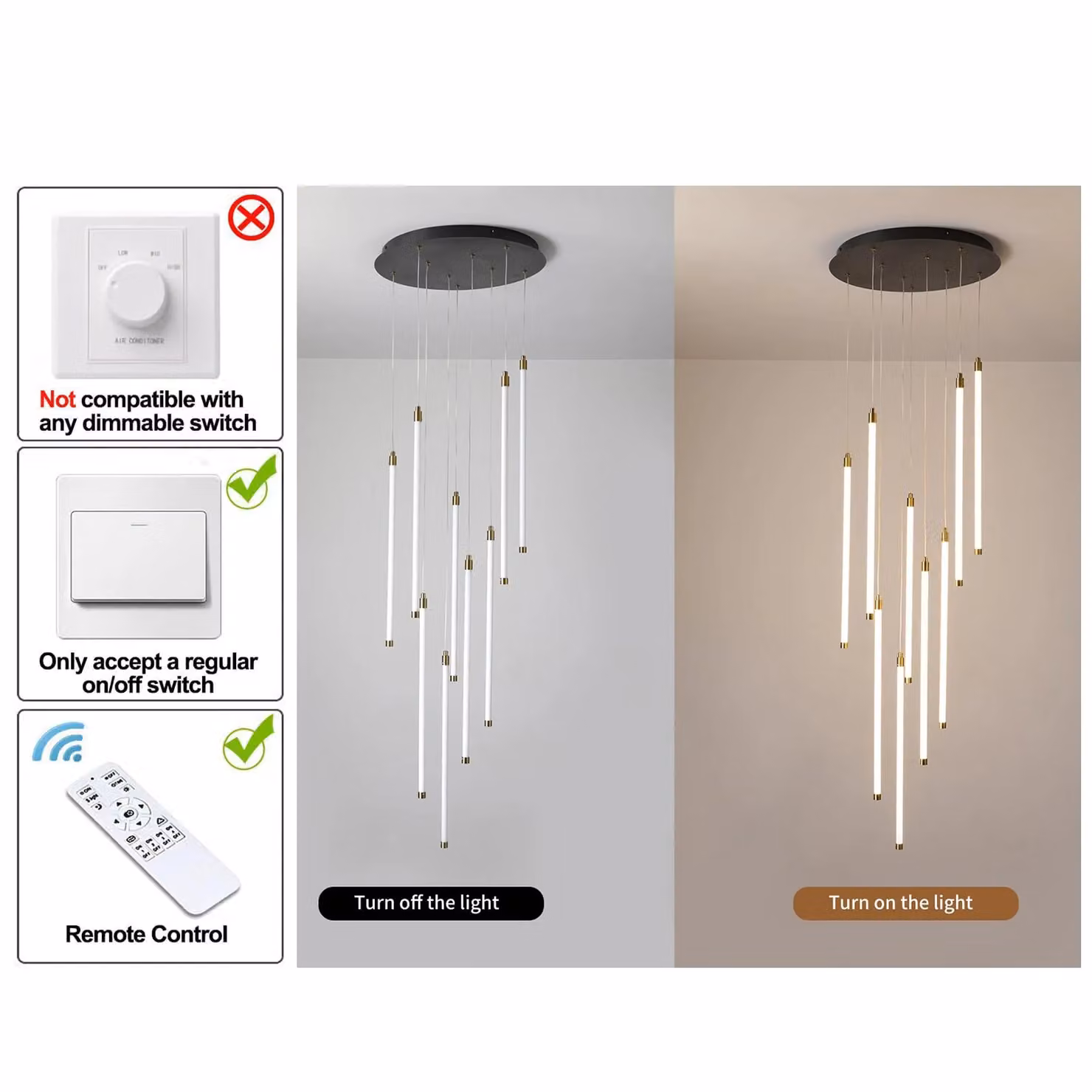 Garwarm Modern Dimmable LED Suspended Chandelier Light in Black, Height: 249.64 cm – 3